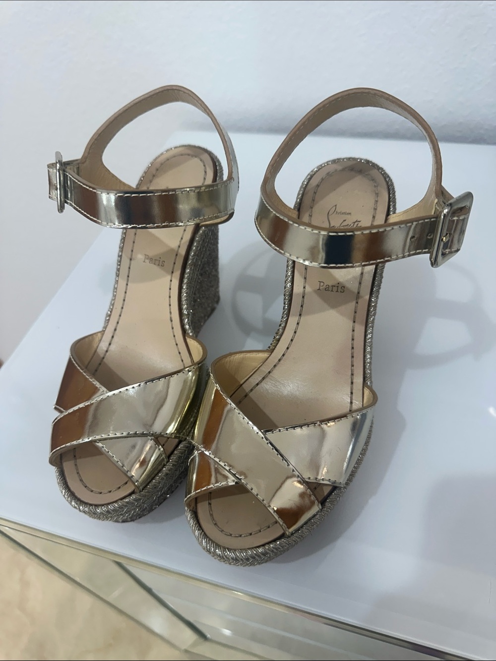 Christian Louboutin Metallic Gold Wedge Sandals with Ankle Strap
